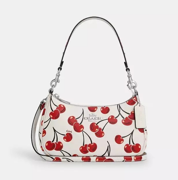 Coach Teri Shoulder Bag In Signature Canvas With Cherry Print Pink Cherry Charm - Picture 11 of 15